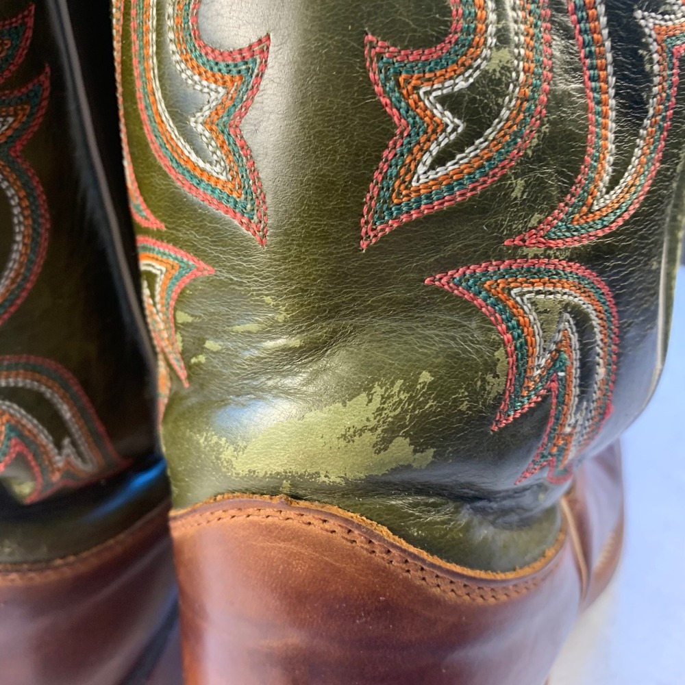 Justin 6.5D Bent Rail BR307 Cowboy Boots Brown Green 11" Square Toe USA Made - Picture 10 of 16